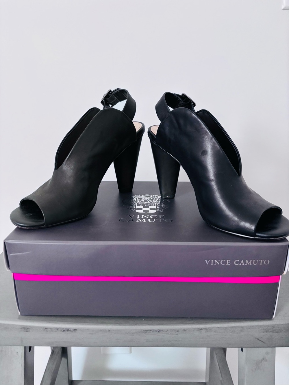 Vince Camuto Black Peep-Toe Slingback Heels with Ankle Buckle - Picture 3 of 7